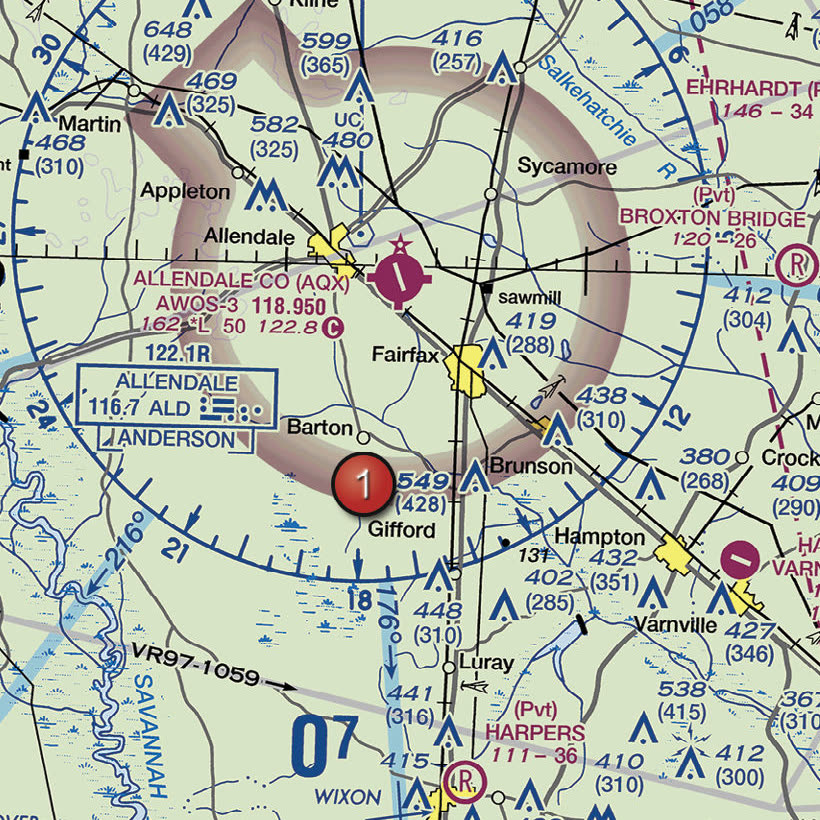 Sectional chart excerpt around Allendale County airport, AQX, shown in magenta and surrounded by a shaded magenta band. Its data block reads AWOS-3 118.950 and 162 star L 50 122.8 with a C in a circle. A blue VOR compass rose and a gray line labeled VR97-1059 are nearby.