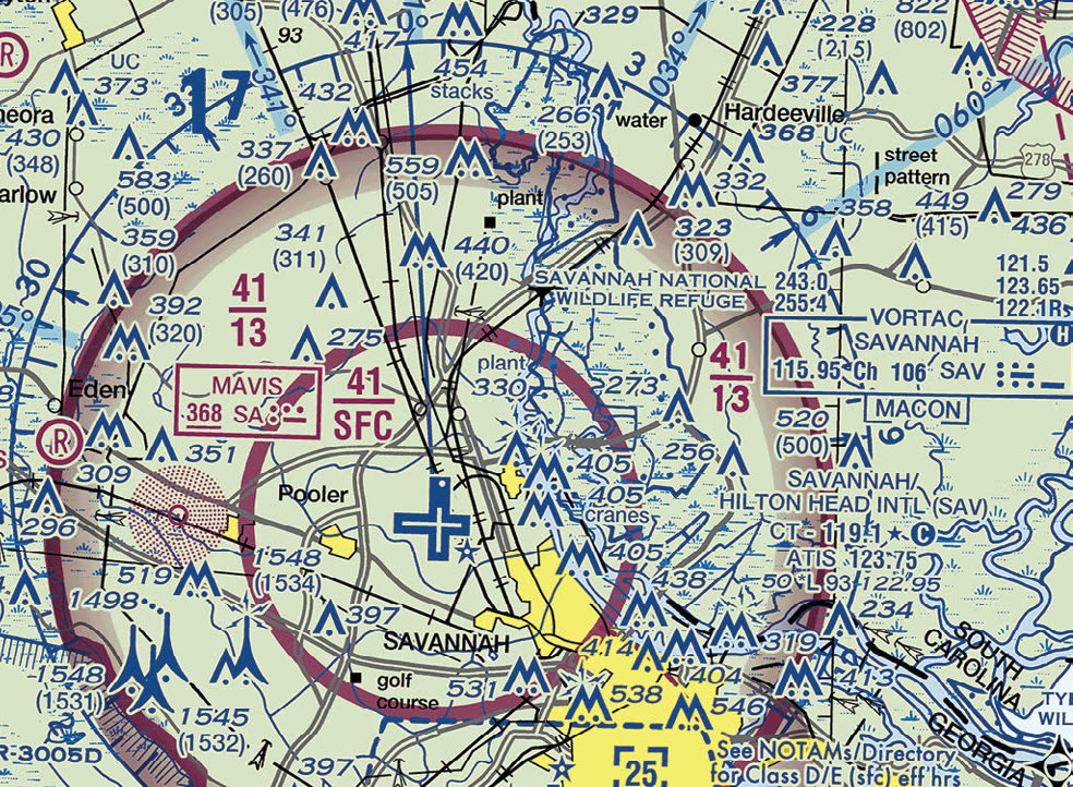 Sectional chart excerpt around Savannah/Hilton Head International Airport. A solid magenta inner circle is labeled 41 over SFC and an outer magenta circle is labeled 41 over 13. The airport data block reads CT 119.1 with a star, ATIS 123.75, and 50 L 93 122.95.